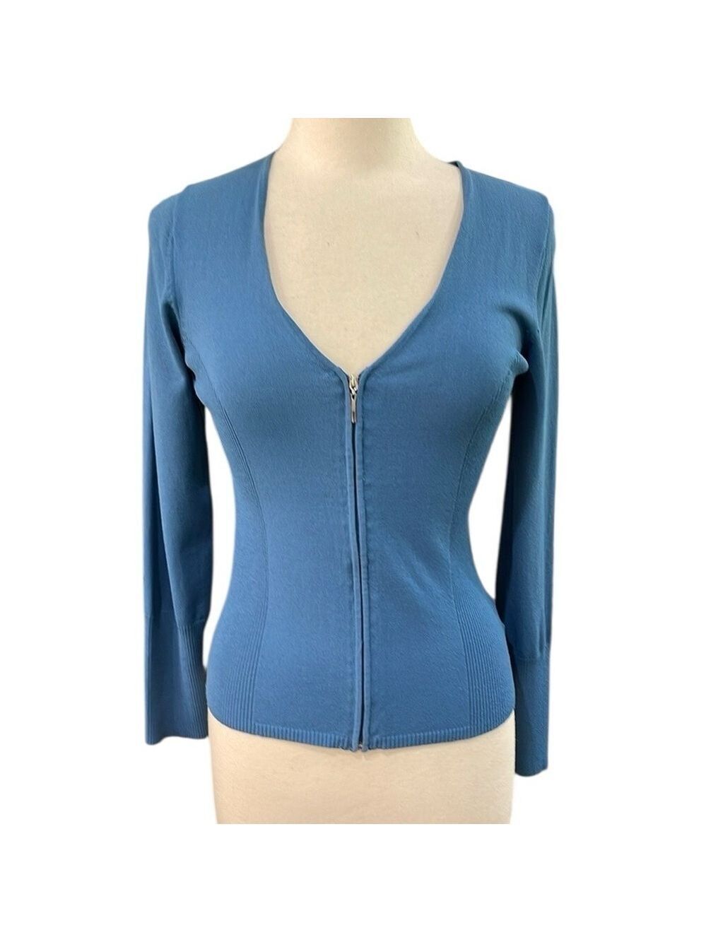 Shu Shu Zip Front Cardigan SweaterZig Zag Knit back‎ SZ M Blue